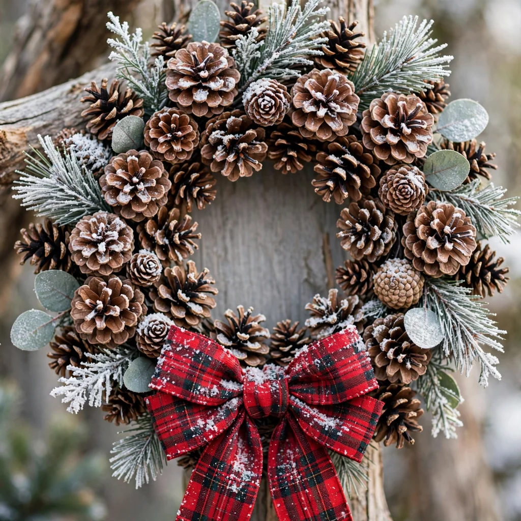pinecone_wreath_red_plaid_bow pinecone wreath red plaid bow