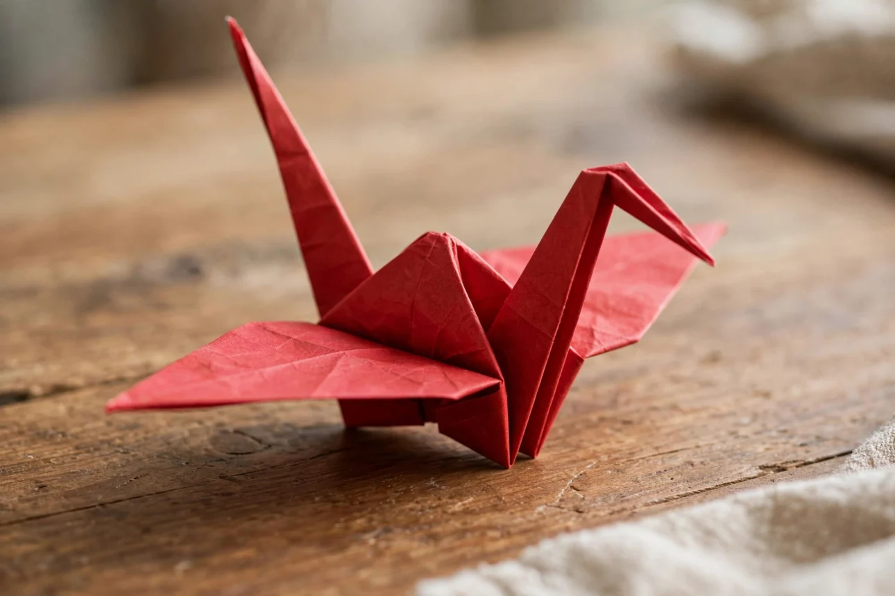 red_origami_crane_wooden_table red origami crane wooden table