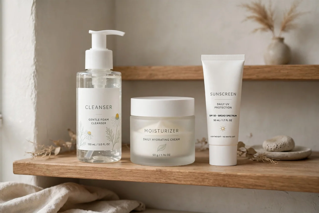 skincare set wooden shelf