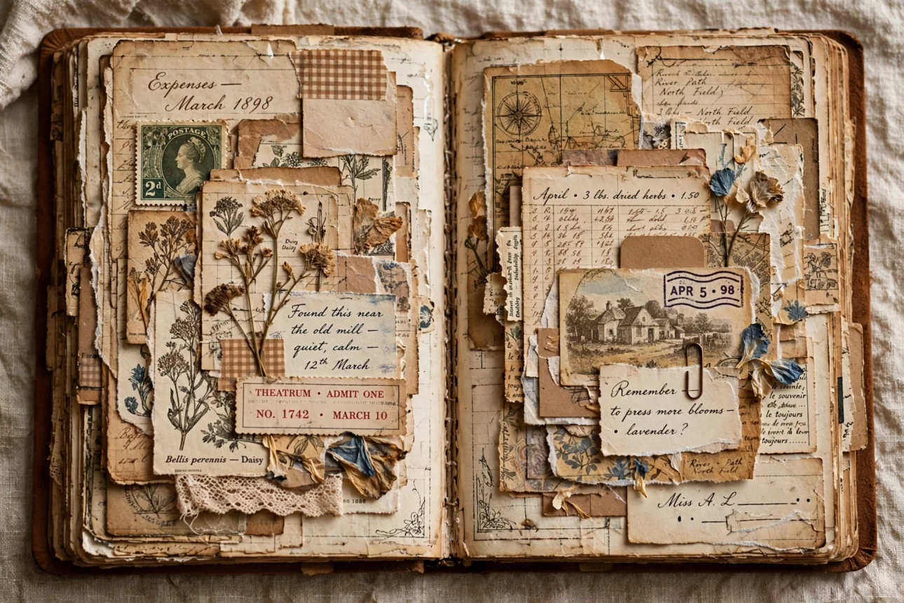 vintage_junk_journal_flatlay vintage junk journal flatlay